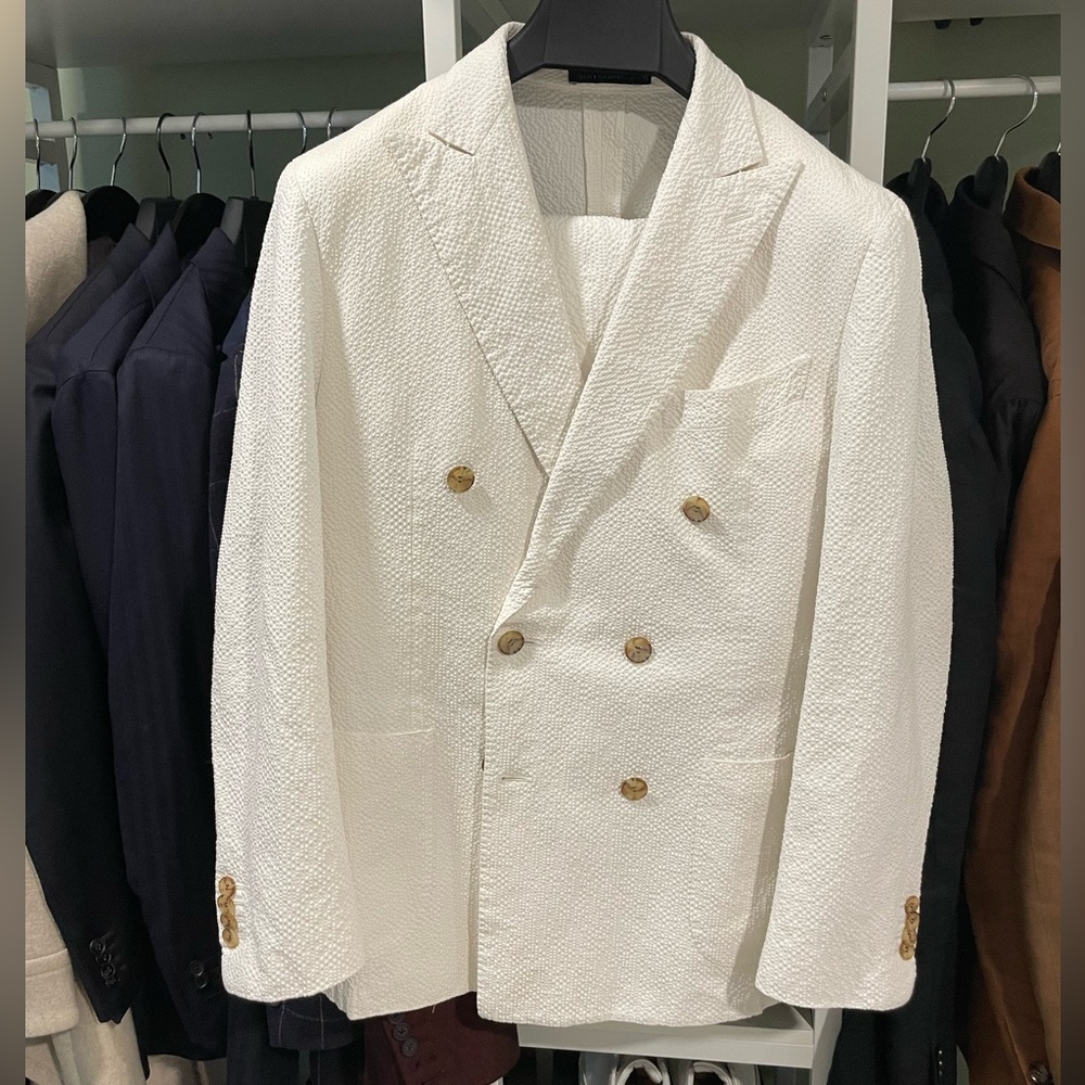 SUITSUPPLY White Double Breasted Seersucker Stretch Cotton Suit 40R Retail $799